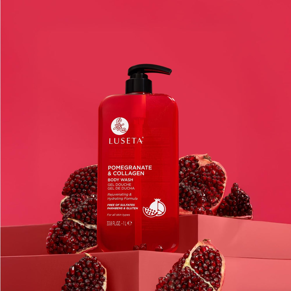 Luseta Pomegranate and Collagen Body Wash foamy lather envelops skin during shower.