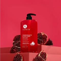 Luseta Pomegranate and Collagen Body Wash foamy lather envelops skin during shower.