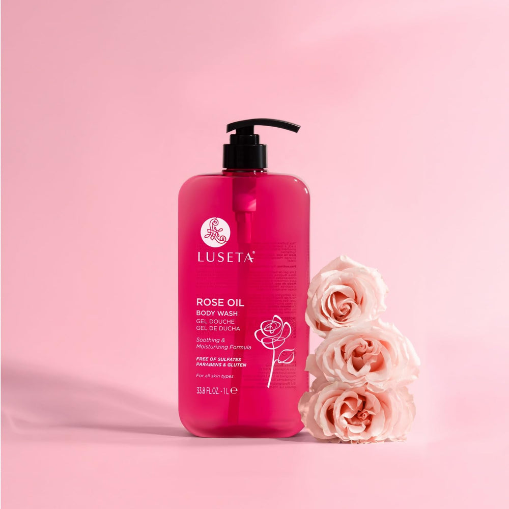 Luseta Rose Oil Body Wash foaming on a loofah delivers gentle cleansing