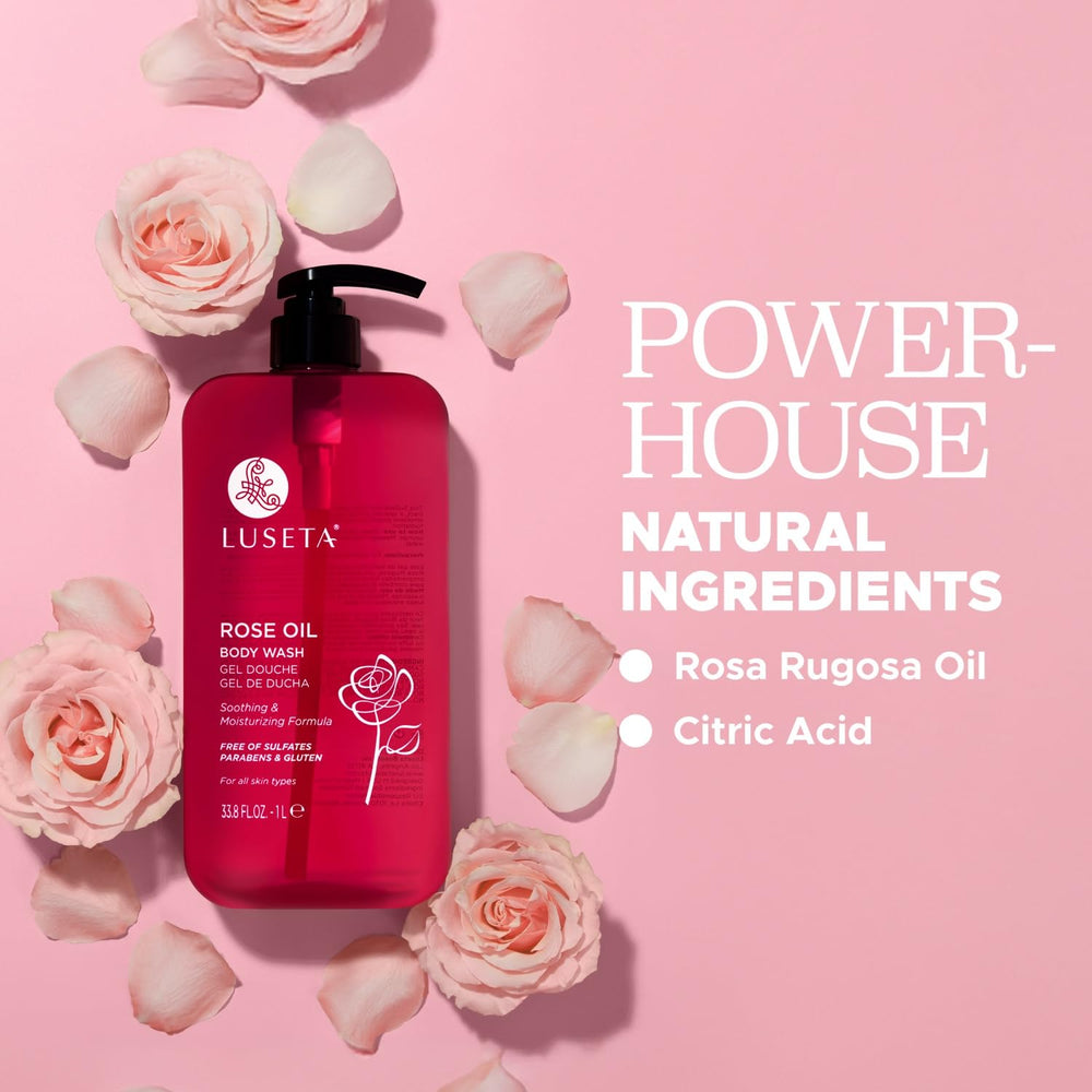 Luseta Rose Oil Body Wash pump bottle dispensing creamy gel