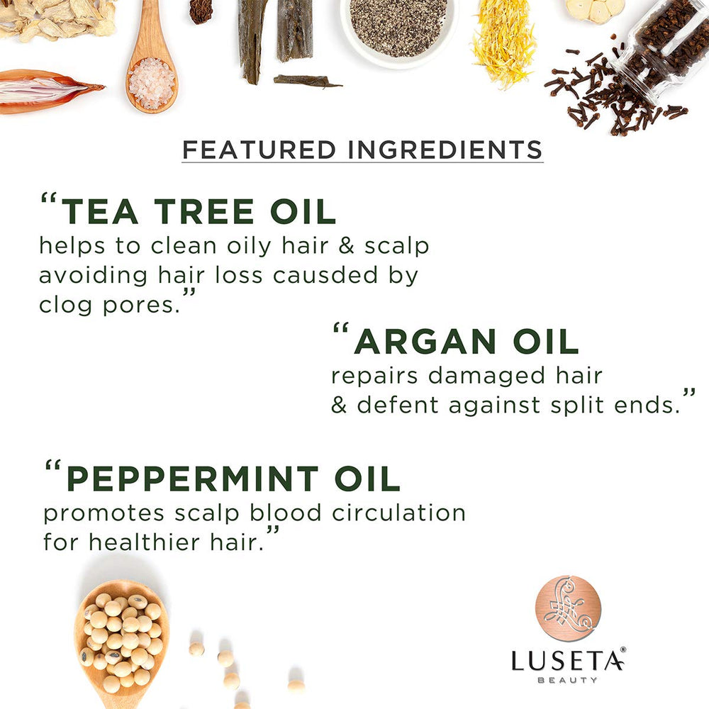 Shampoing Luseta arbre-a-the, application lisse et douceur nourrissante.