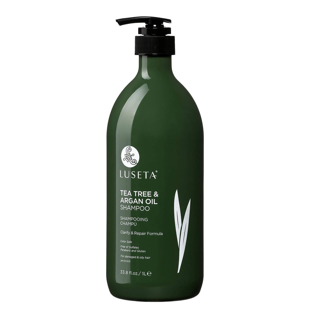 Shampoing Luseta arbre-a-the, bouteille de 1000 ml, soin anti-pelliculaire.