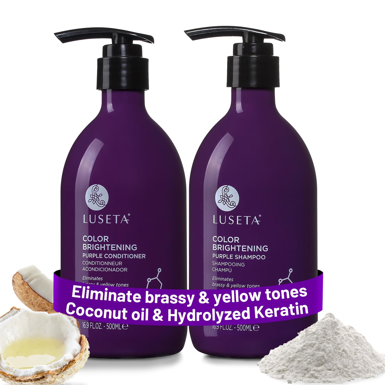 Luseta shampoing violet en bouteille pour neutraliser les reflets jaunes et protéger les cheveux colorés.
