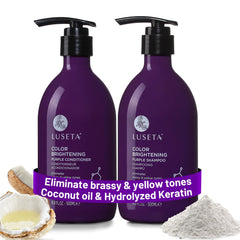 Luseta shampoing violet en bouteille pour neutraliser les reflets jaunes et protéger les cheveux colorés.