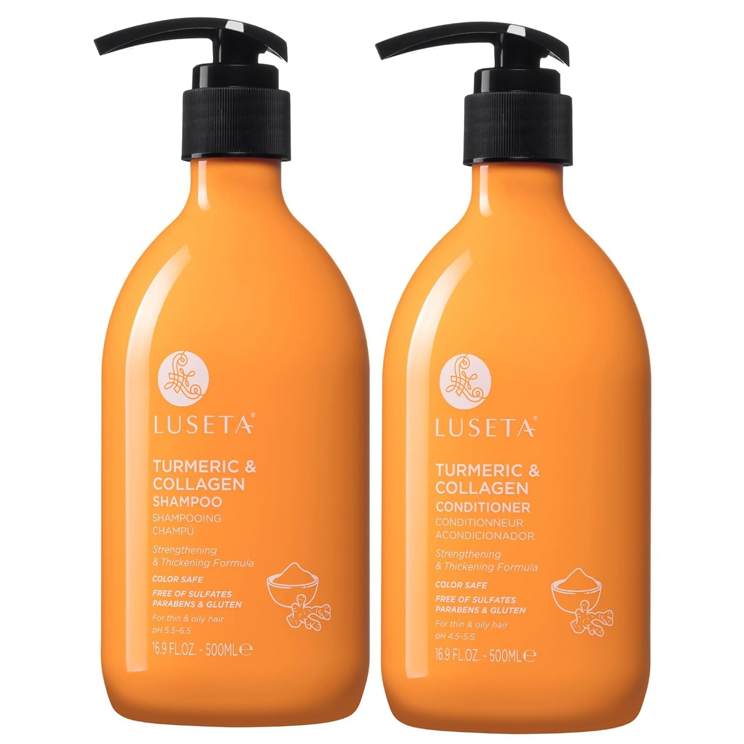 Duo Luseta: flacons shampooing et conditionneur curcuma pour cheveux renforcés