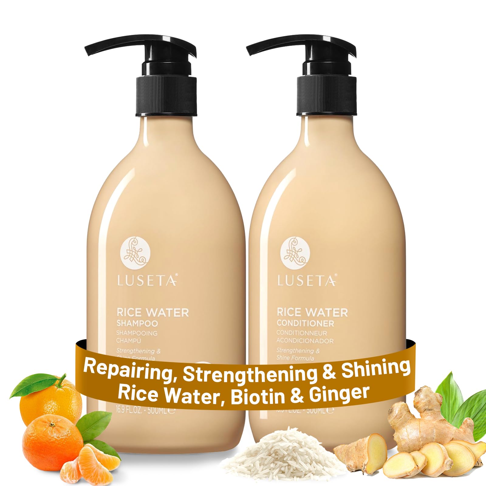 Shampooing Luseta eau de riz, bouteille, nettoie en douceur et prépare l'hydratation