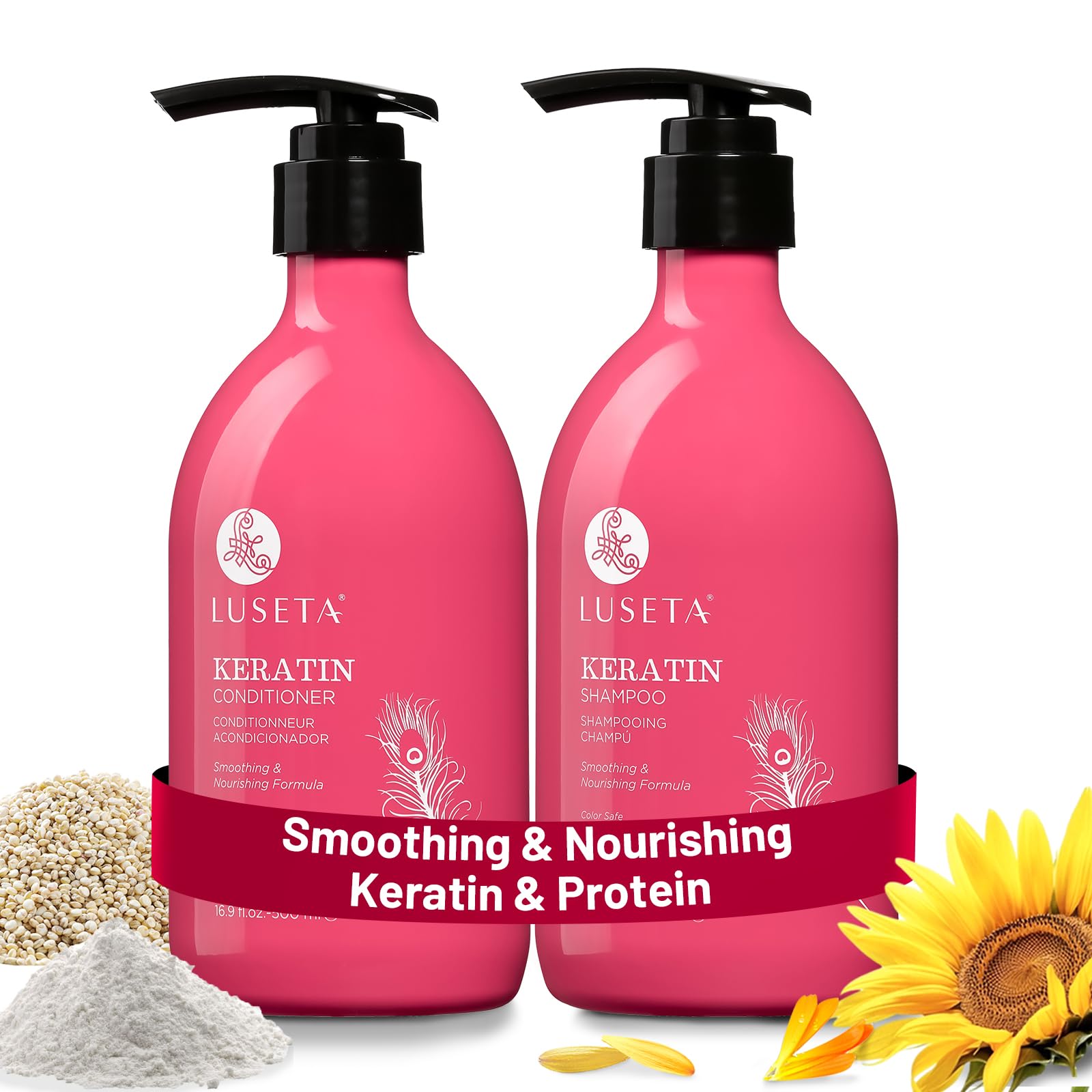 Luseta Shampoing Kératine – flacon prêt à revitaliser cheveux colorés et abîmés.