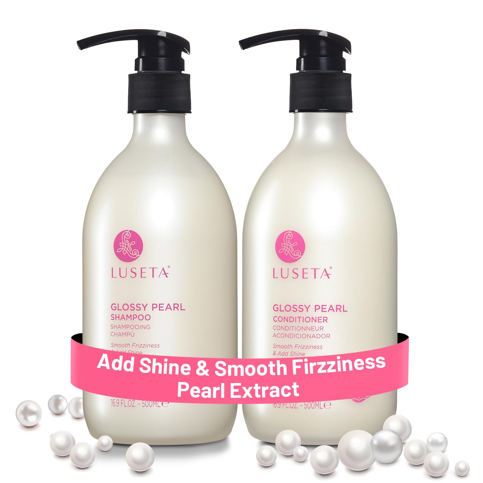 L Luseta Shampoing Perle Brillante en bouteille apporte hydratation et brillance.