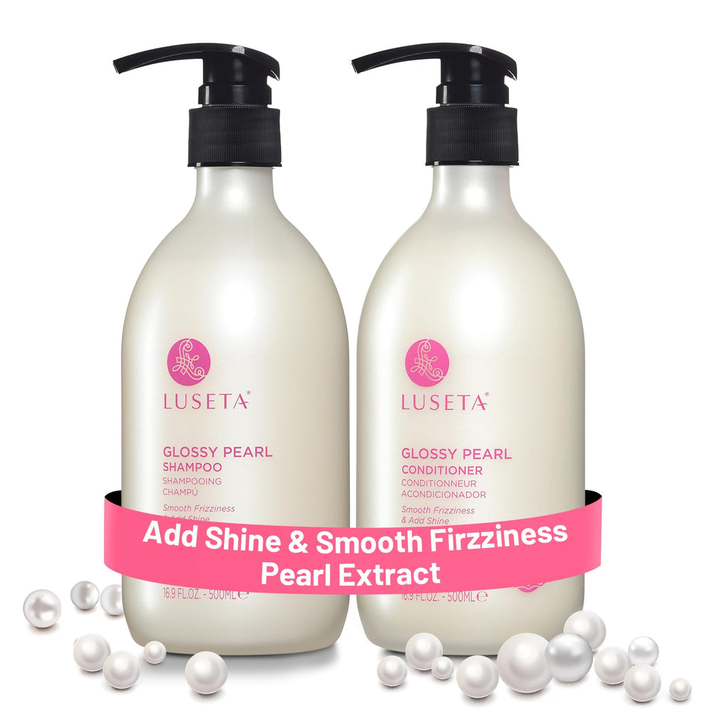 L Luseta Shampoing Perle Brillante en bouteille apporte hydratation et brillance.