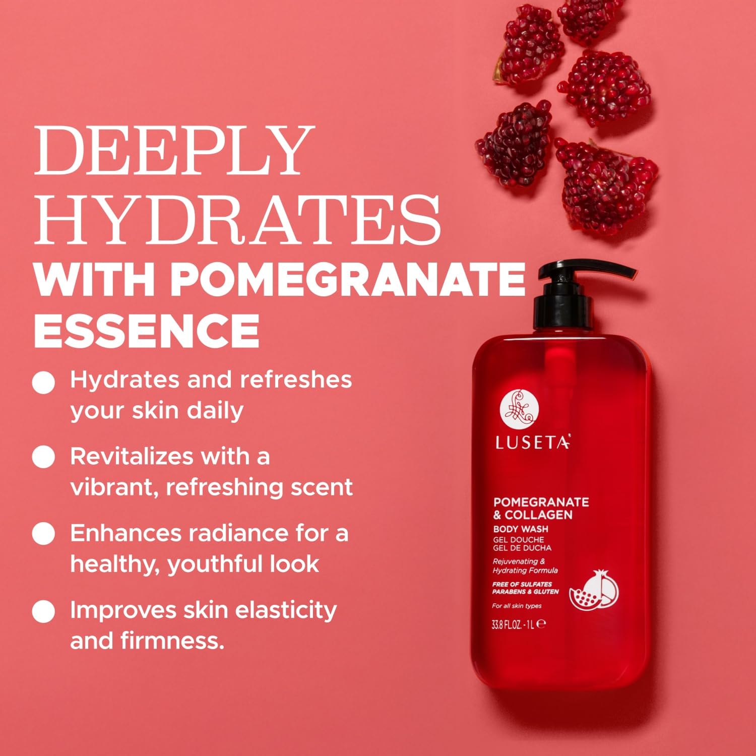 Sulfate-free label on Luseta Pomegranate and Collagen Body Wash.