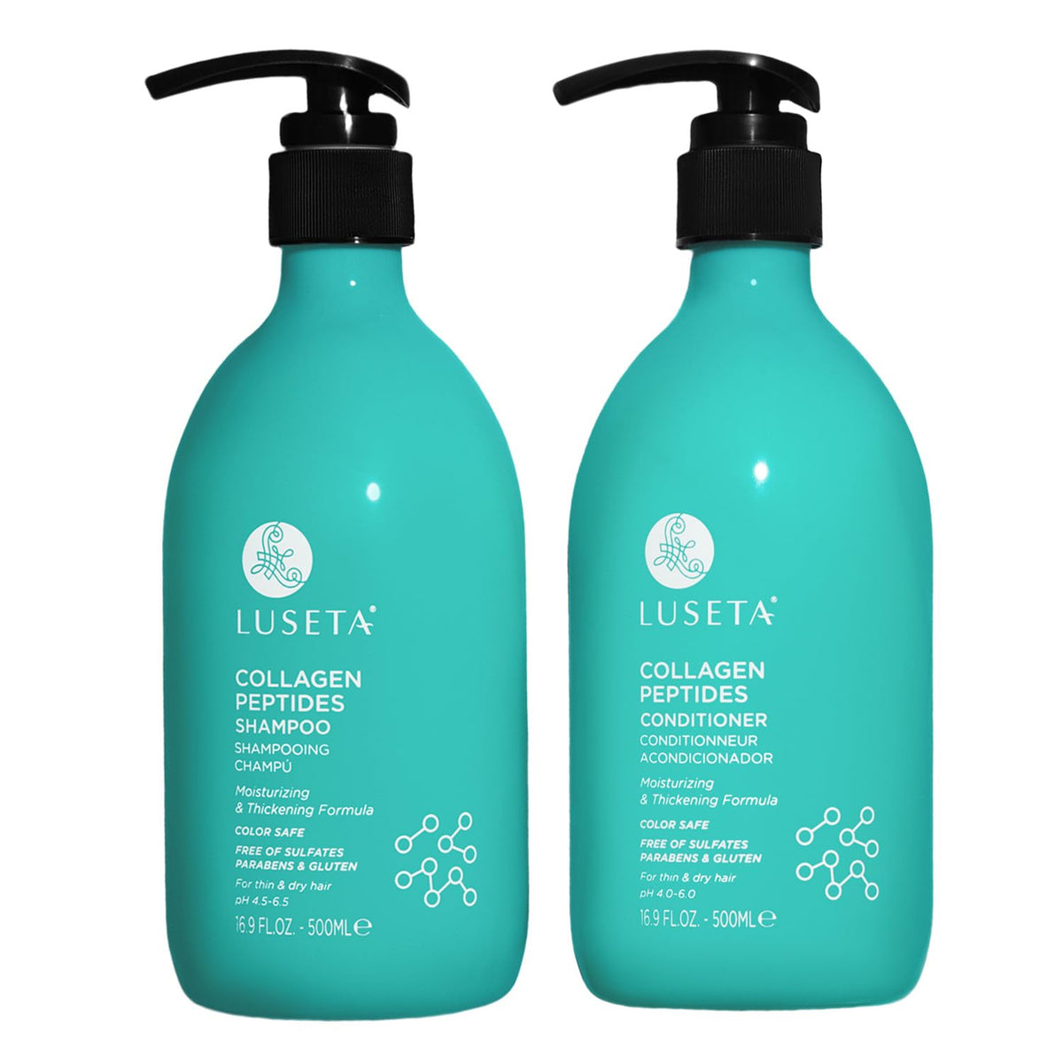 Luseta shampooing épaississant au collagène en bouteille, renforce et hydrate les cheveux.