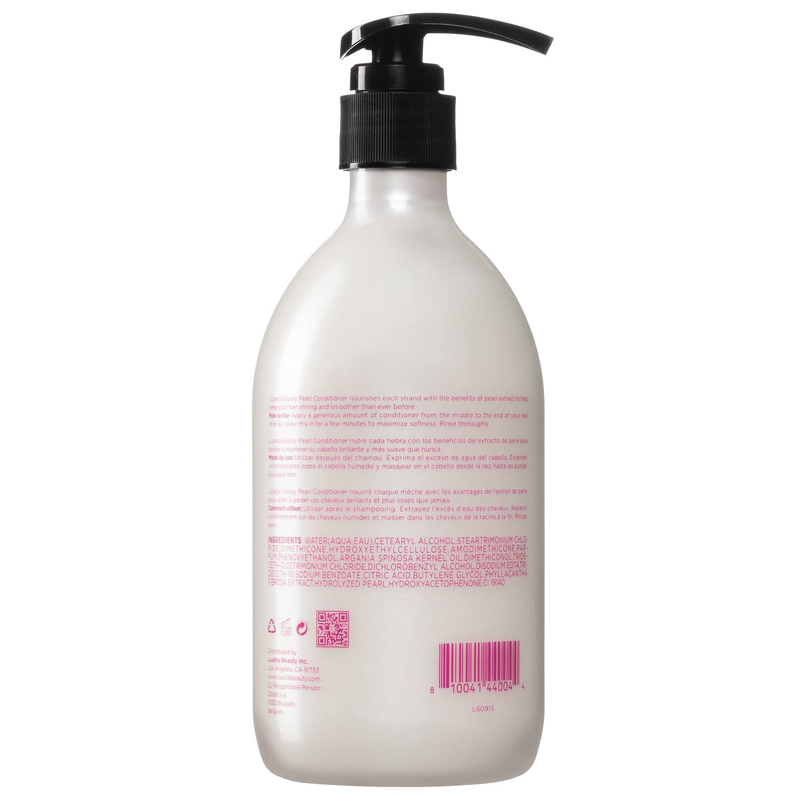 Luseta Glossy Pearl Conditioner bottle and hair sample illustrating frizz reduction