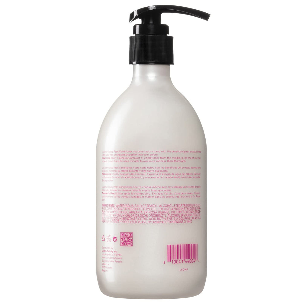 Luseta Glossy Pearl Conditioner bottle and hair sample illustrating frizz reduction