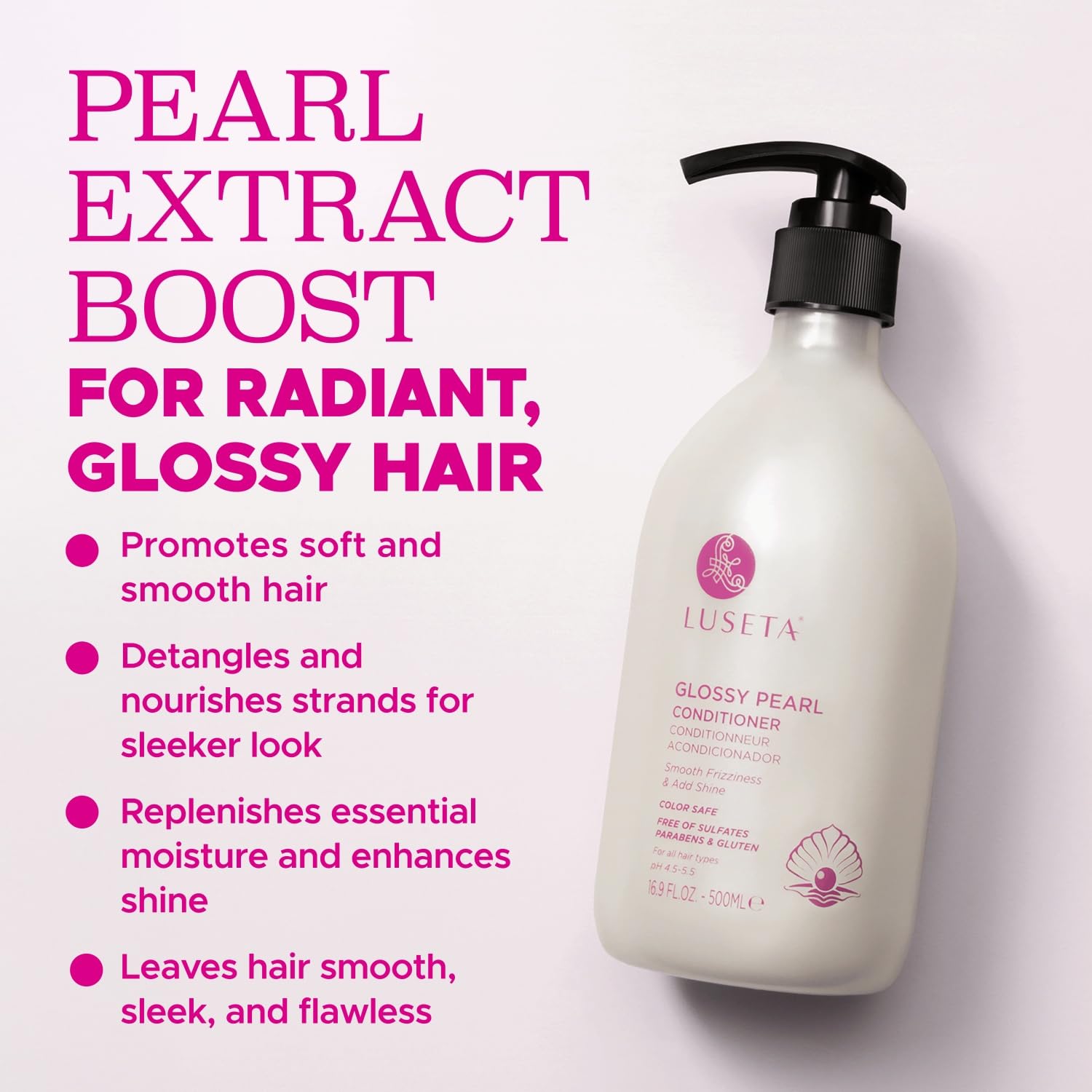 Luseta Glossy Pearl Conditioner model portrait hinting at controlled frizz and shine