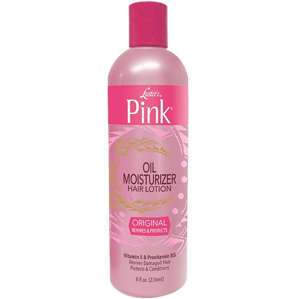 Luster's Pink Oil Moisturizer – bouteille originale, hydratation longue durée pour cheveux secs et colorés.
