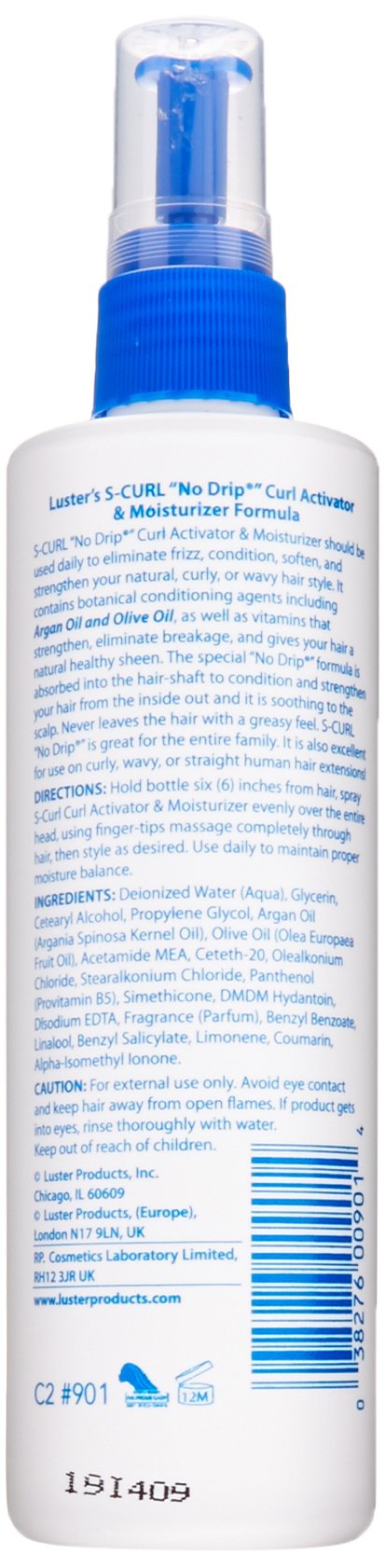 Brume légère de Luster's Scurl sur cheveux, hydratation rapide sans gras.