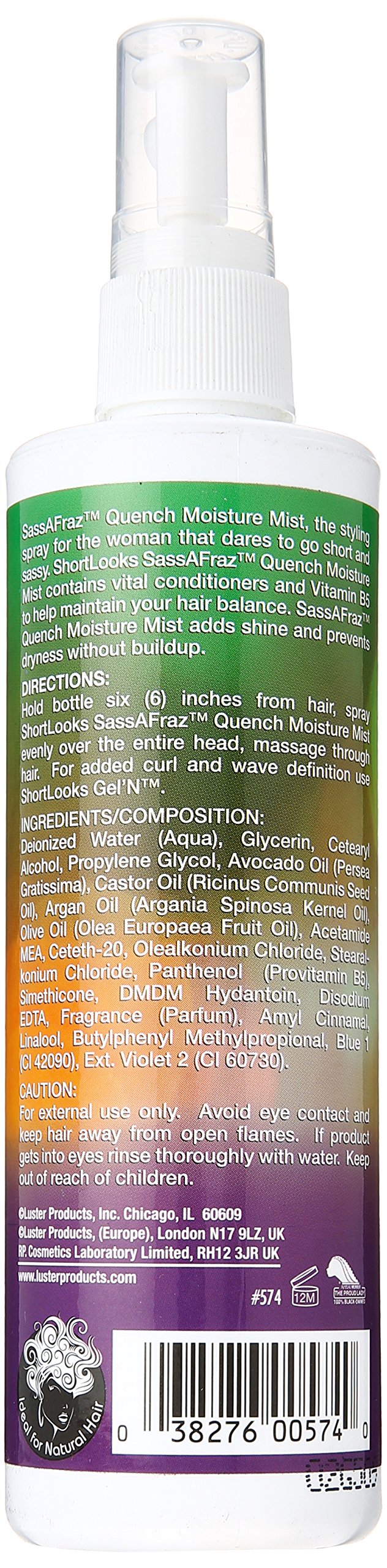 Luster's ShortLooks SassAFraz Quench Moisture Mist – pulvérisation rapide pour hydrater et rafraîchir les boucles.