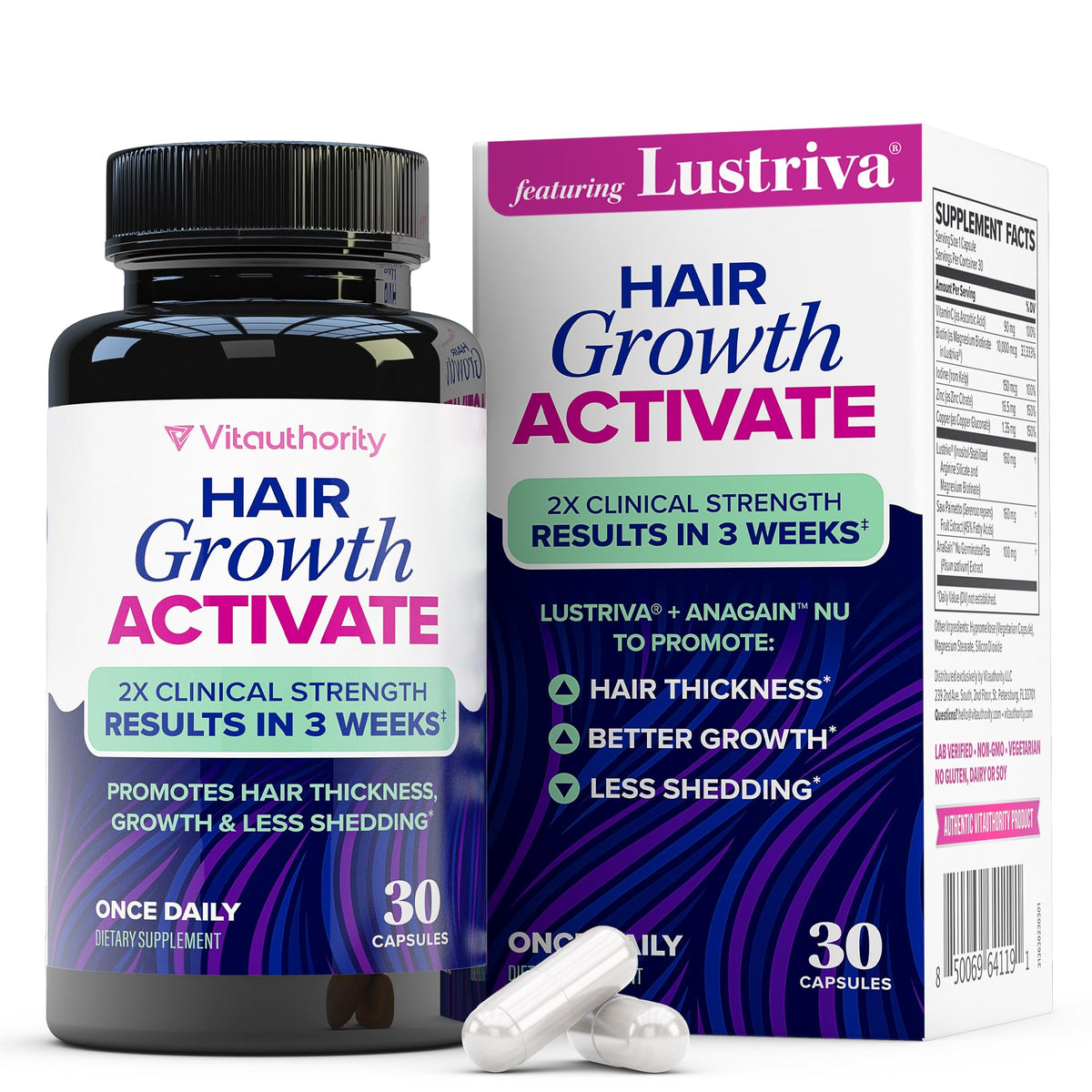 Lustriva – bouteille capsules, facilité d'utilisation pour la croissance des cheveux