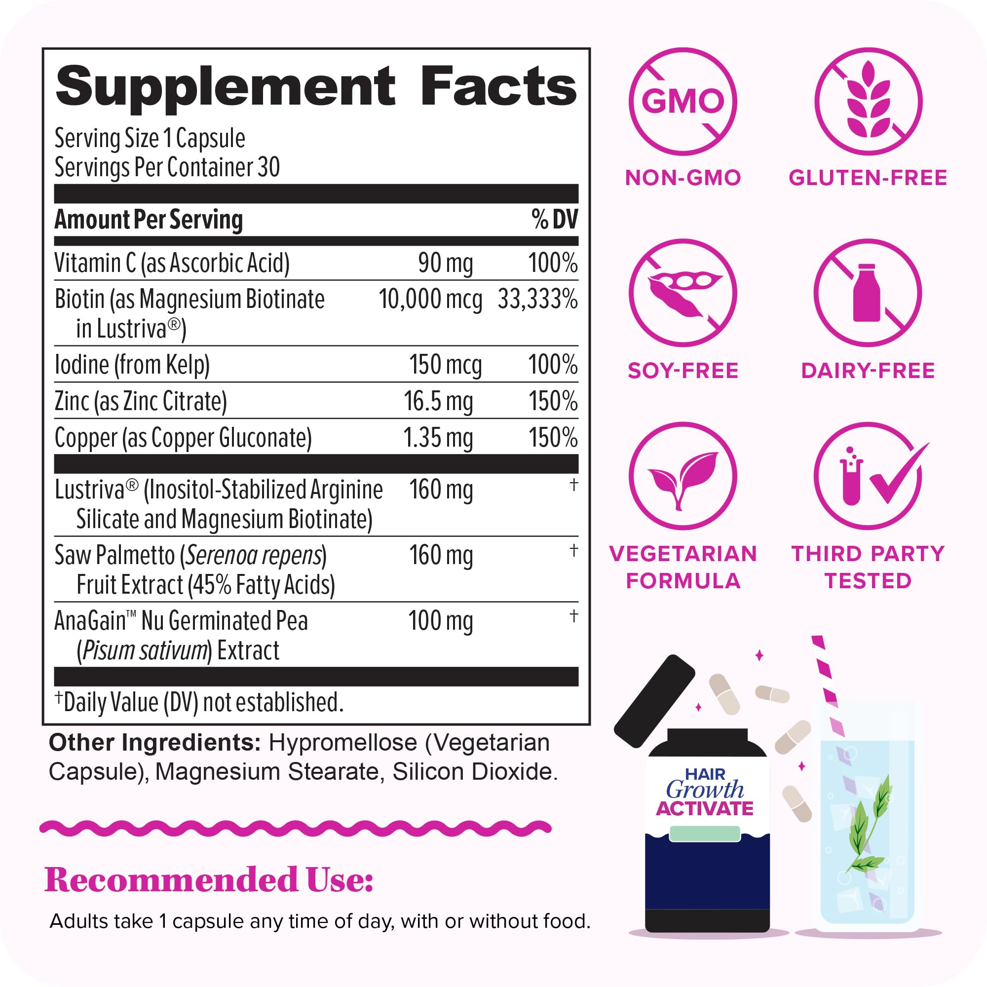 Lustriva – ingrédients Biotine, Zinc et Cuivre, nourrissant les follicules pour des cheveux plus forts