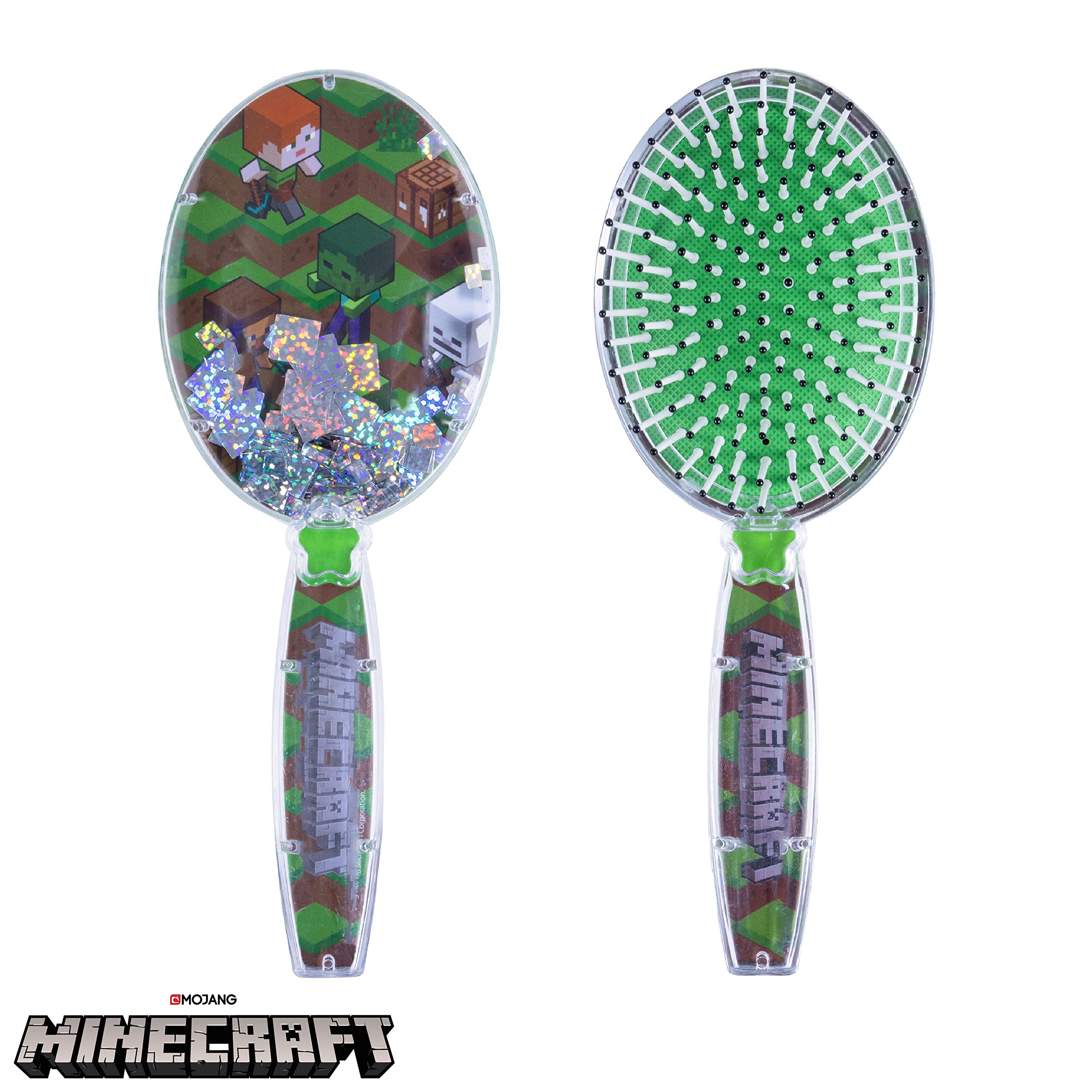 Détails cubes scintillants et confettis verts sur la brosse.