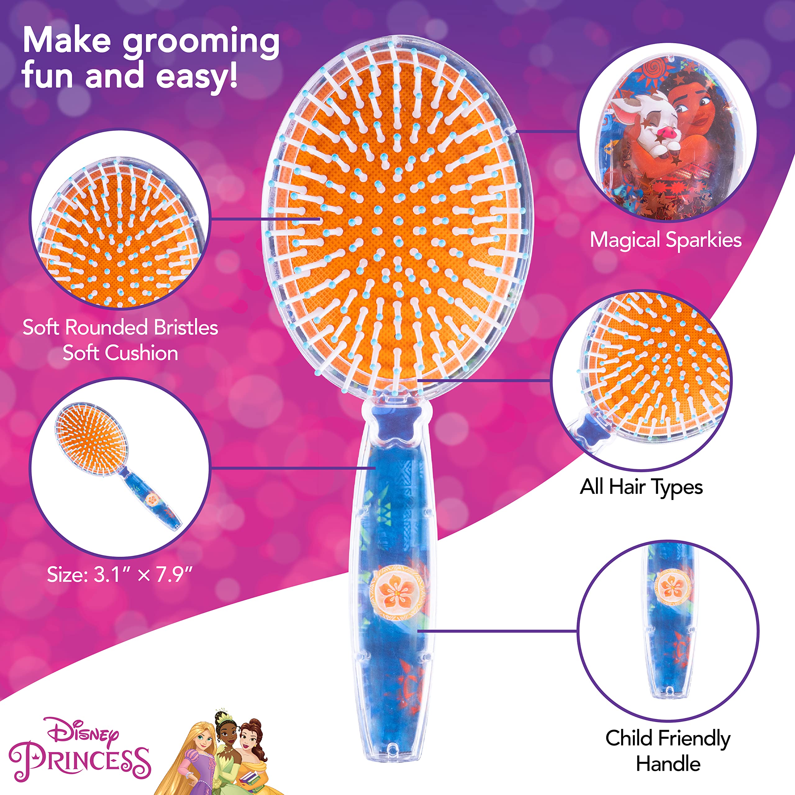 Luv Her Moana brosse avec poignée ergonomique bleue, prise en main facile.