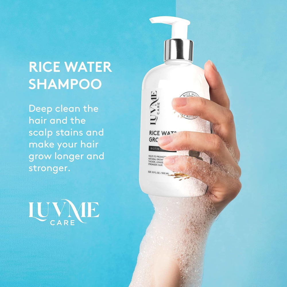 Après-shampooing eau de riz Luv Me Care en bouteille, cheveux nourris et démêlés