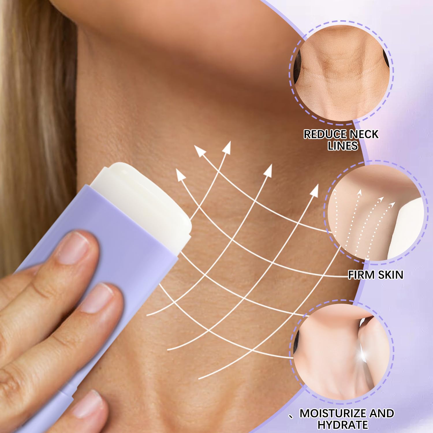 Application ciblée sur le cou et le décolleté, pratique en déplacement.