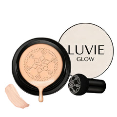 Fondation cushion Luvie Glow avec éponge champignon pour une couvrance naturelle.