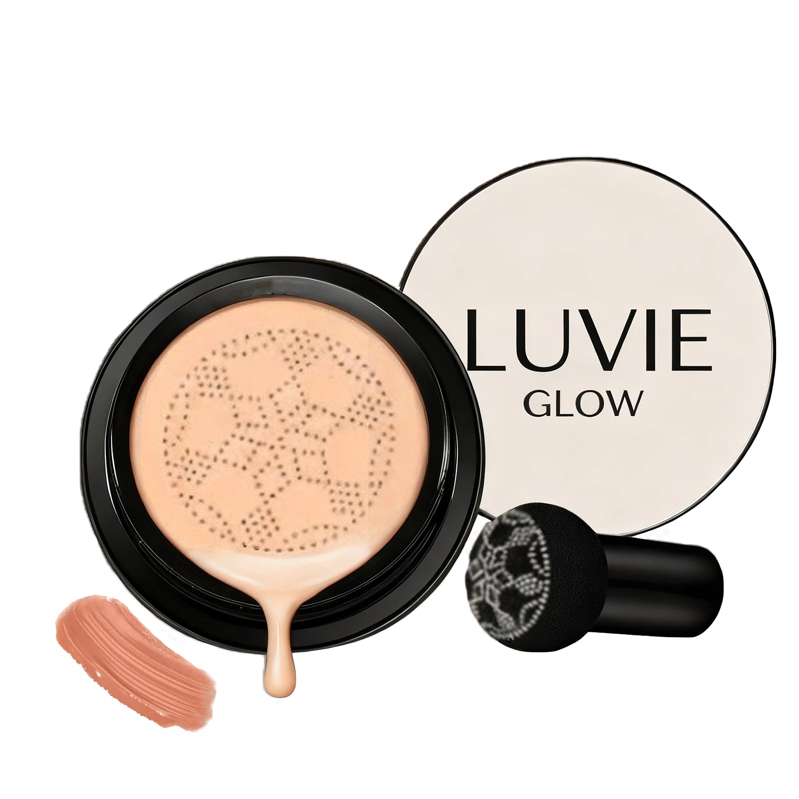 Luvie Glow fond de teint cushion avec puff champignon, couvrance naturelle et légère