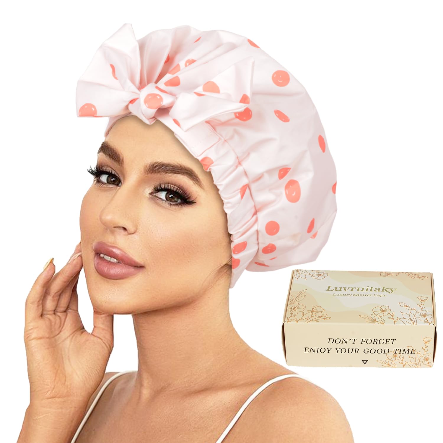 Capuchon de douche Luvruitaky rose avec noeud, protège les cheveux du spray et de l humidite.