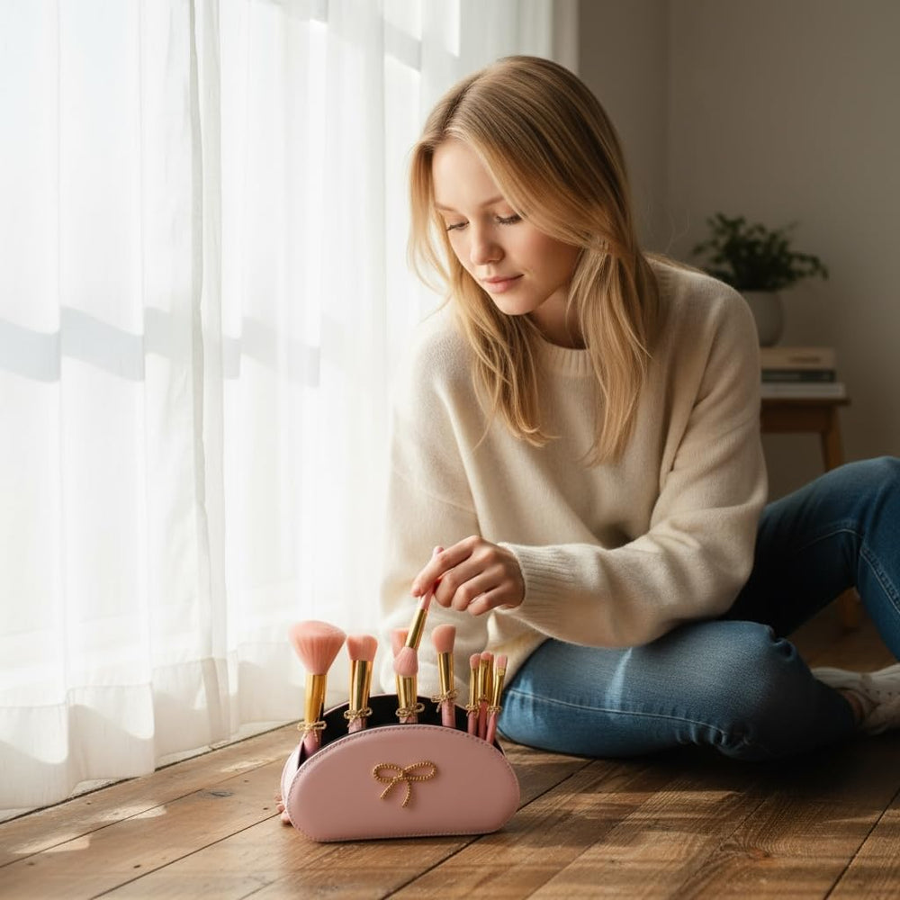 Pochette Luxape rose avec noeud doré, rangement pratique.
