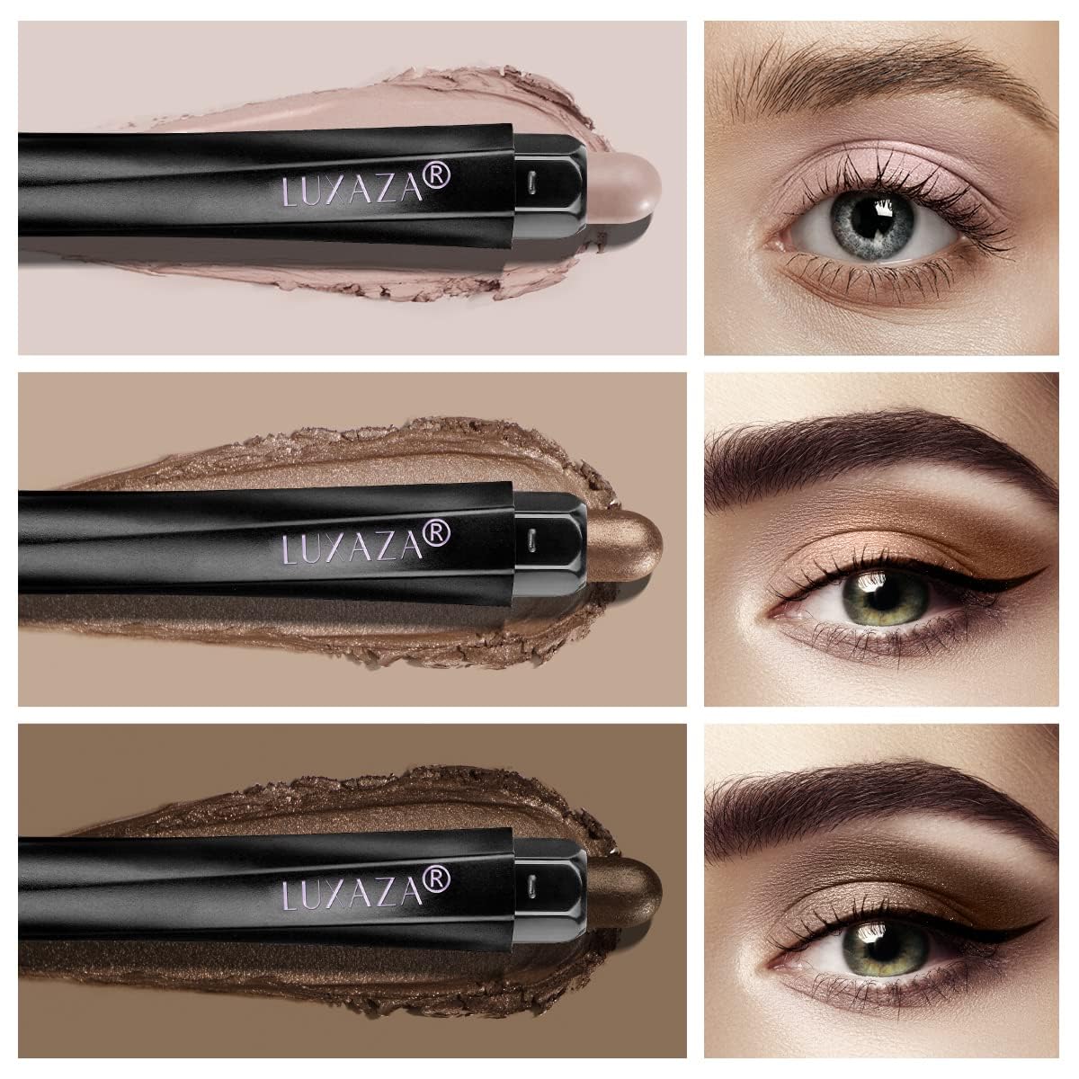 Luxaza crayon ombre nacré brun-or, éclat lumineux et tenue durable.