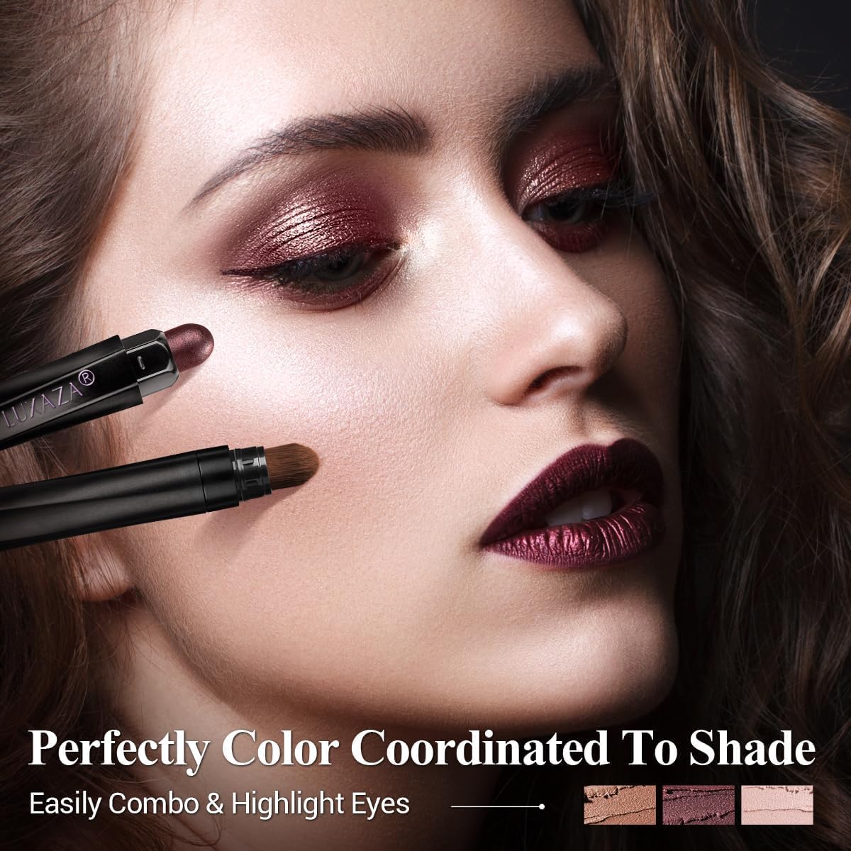 LUXAZA PRO creamy eyeshadow pencil with built-in blending brush for precise shading.