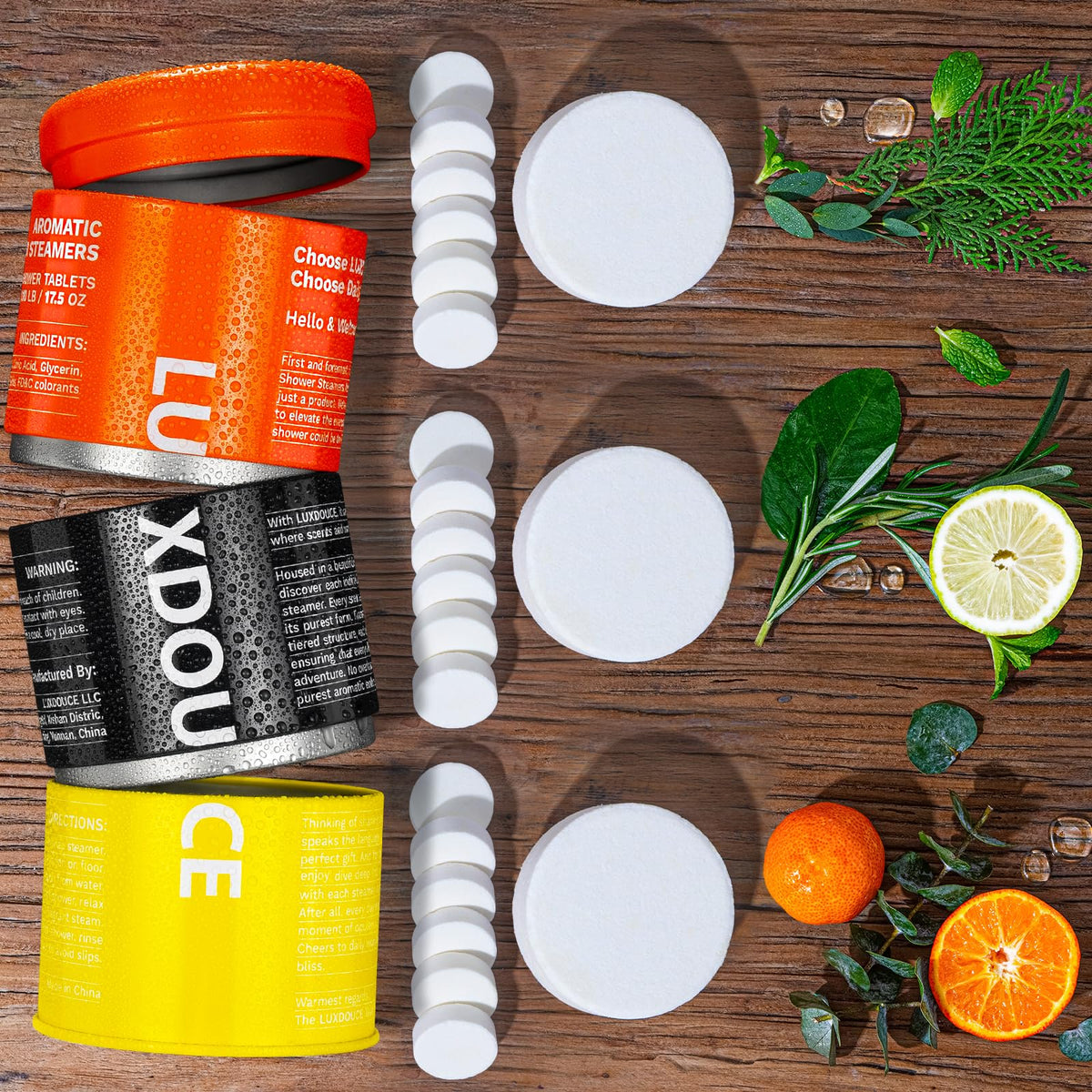 Luxdouce bombes-douche aromathérapie, trois parfums, emballage individuel, relaxation quotidienne.