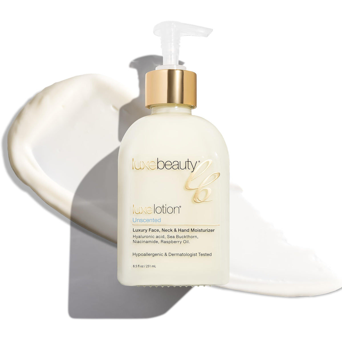 LUXEBEAUTY LuxeLotion – bouteille pour visage, hydratation légère et luxueuse.