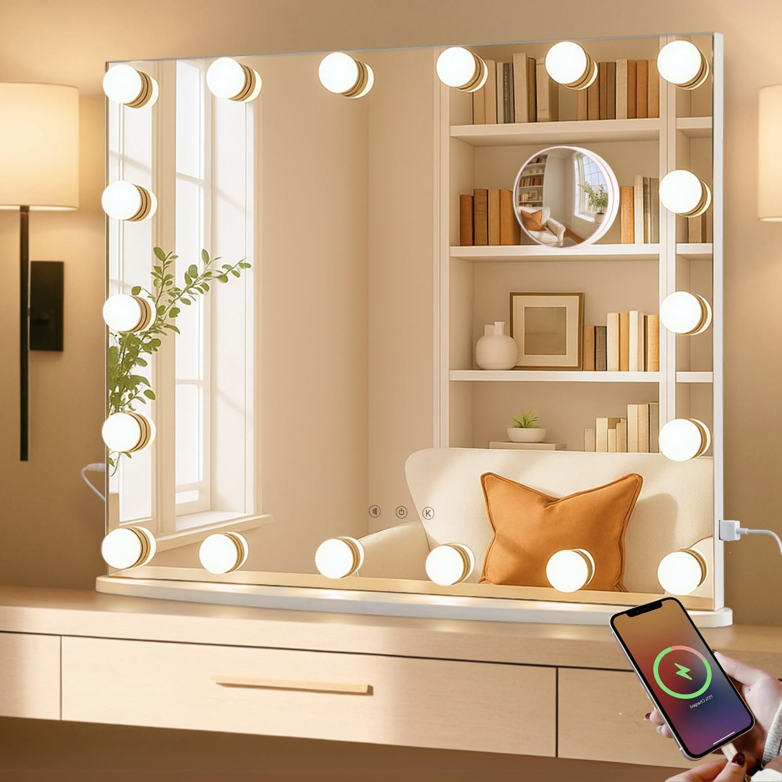 Luxfurni Miroir Maquillage 18 LED : éclairage clair pour un maquillage précis.
