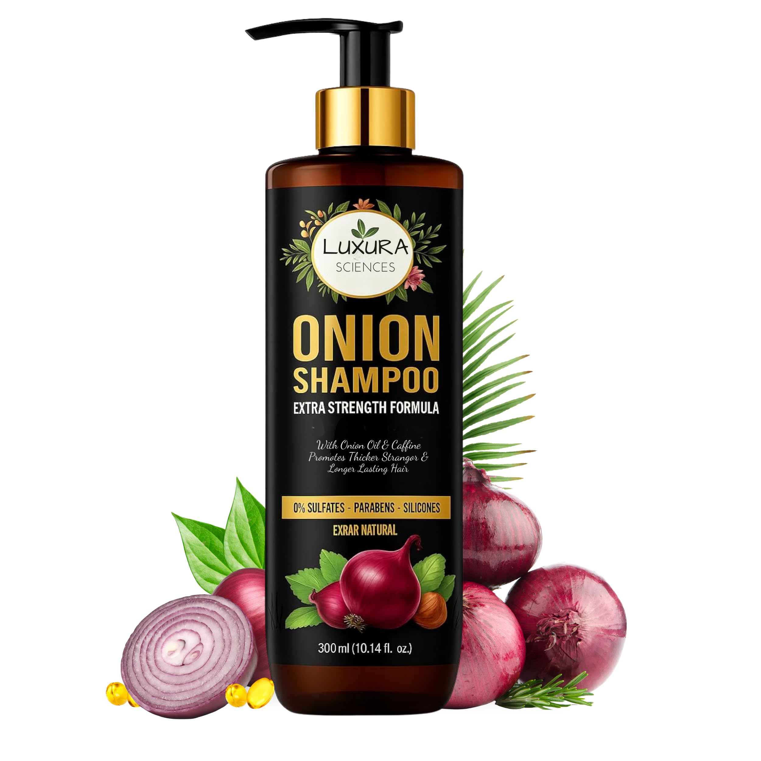 Luxura Sciences Shampooing à l'oignon – bouteille élégante, douceur et vitalité capillaire.
