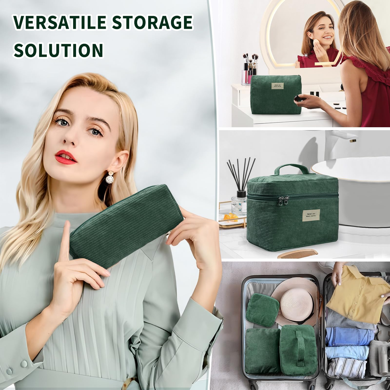 LVWNM organiseur maquillage velours côtelé vert compact, idéal pour cabine et sac