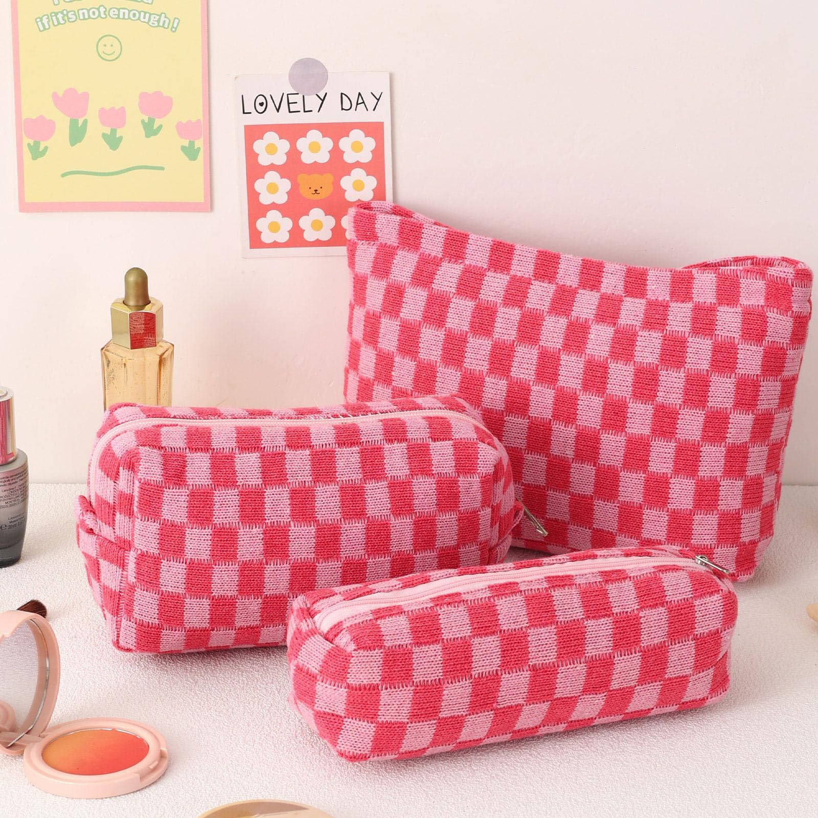 LYDZTION grand etui accessoires beauté rose à carreaux, rangement polyvalent.