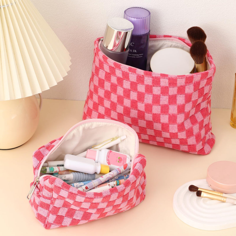 LYDZTION trousse pinceaux maquillage rose à carreaux, transport facile.