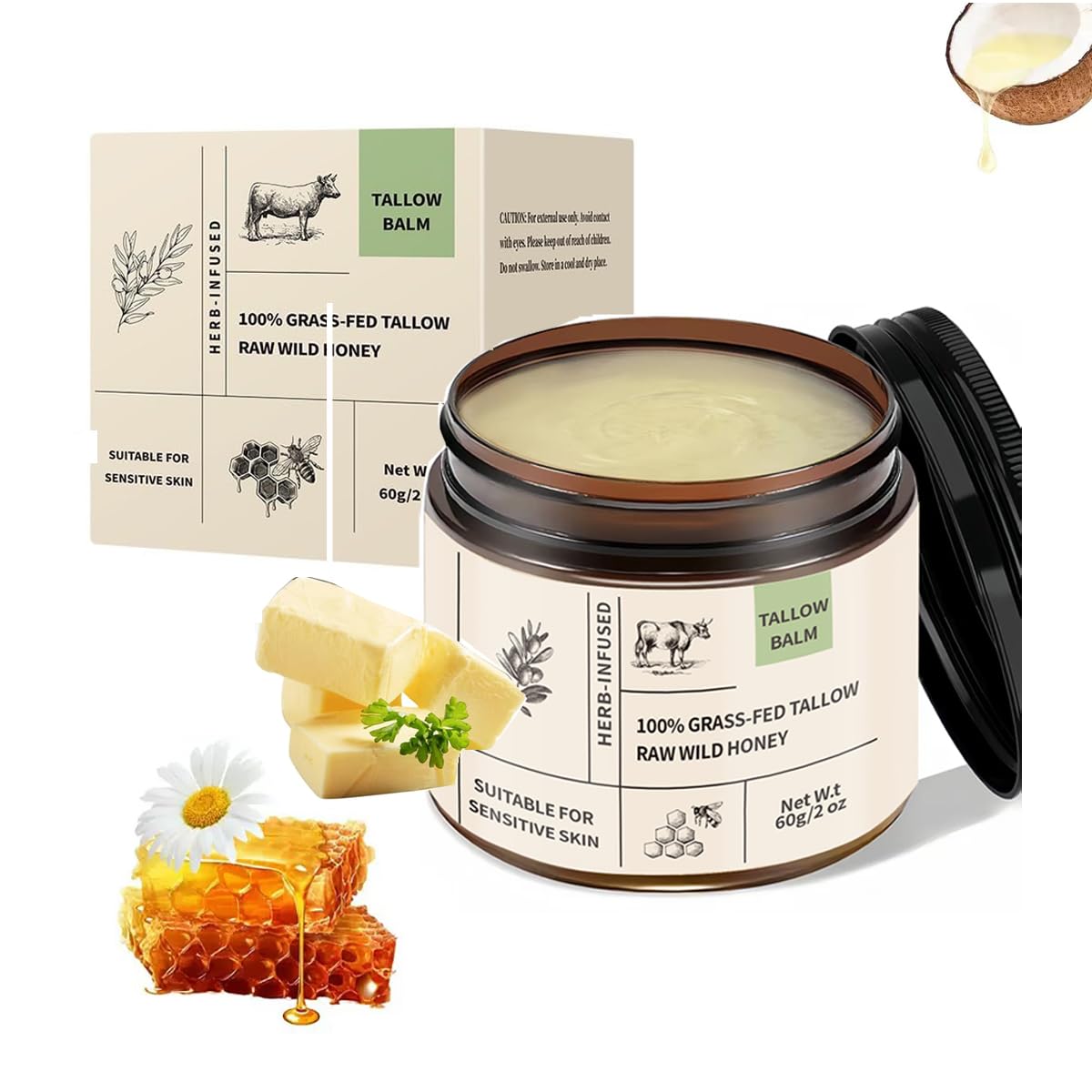 Baume Lynmalrity au suif et miel, emballage visible, soin nourrissant pour le visage.