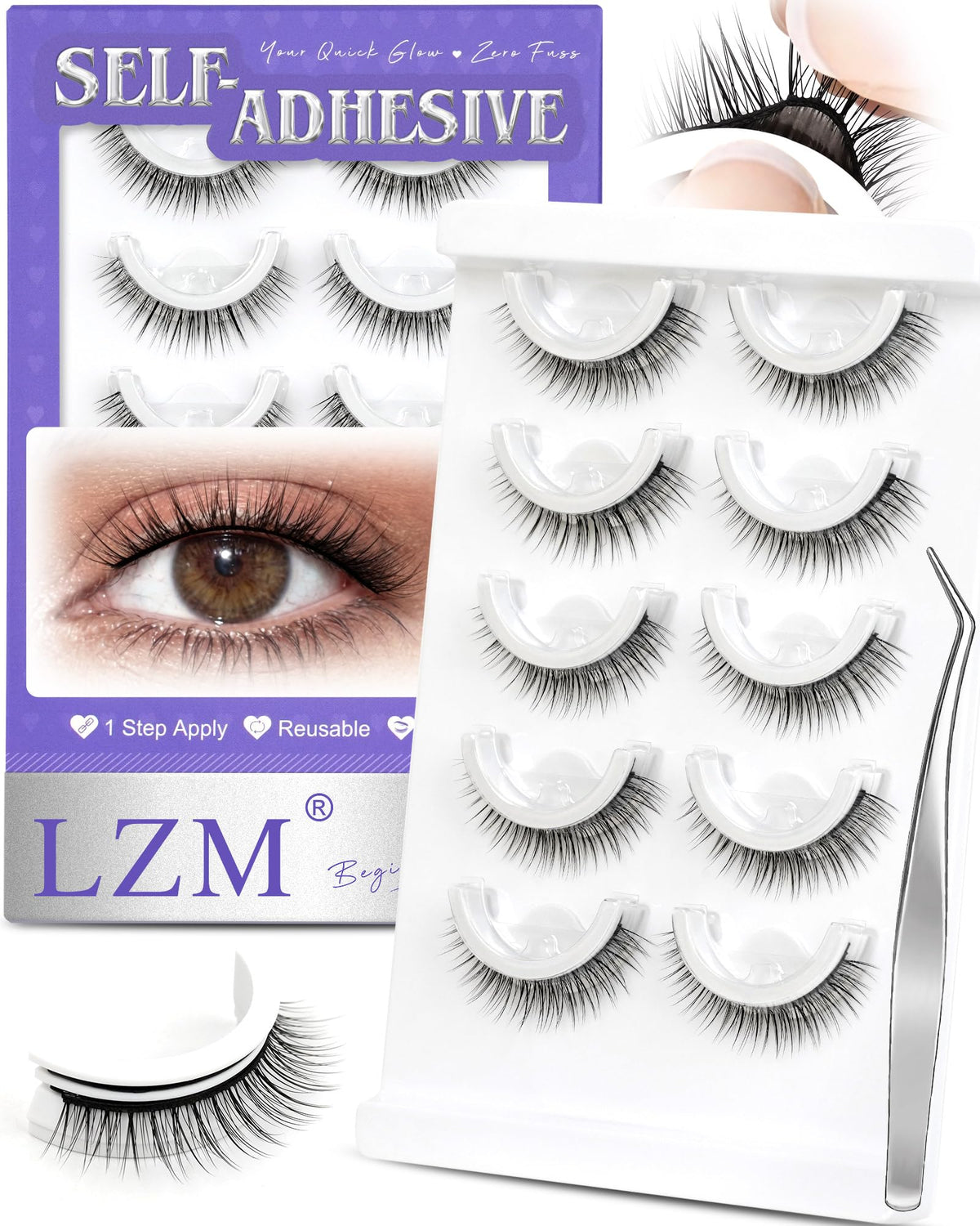 Cils auto-adhésifs LZM de 7–10 mm pour un regard naturel.
