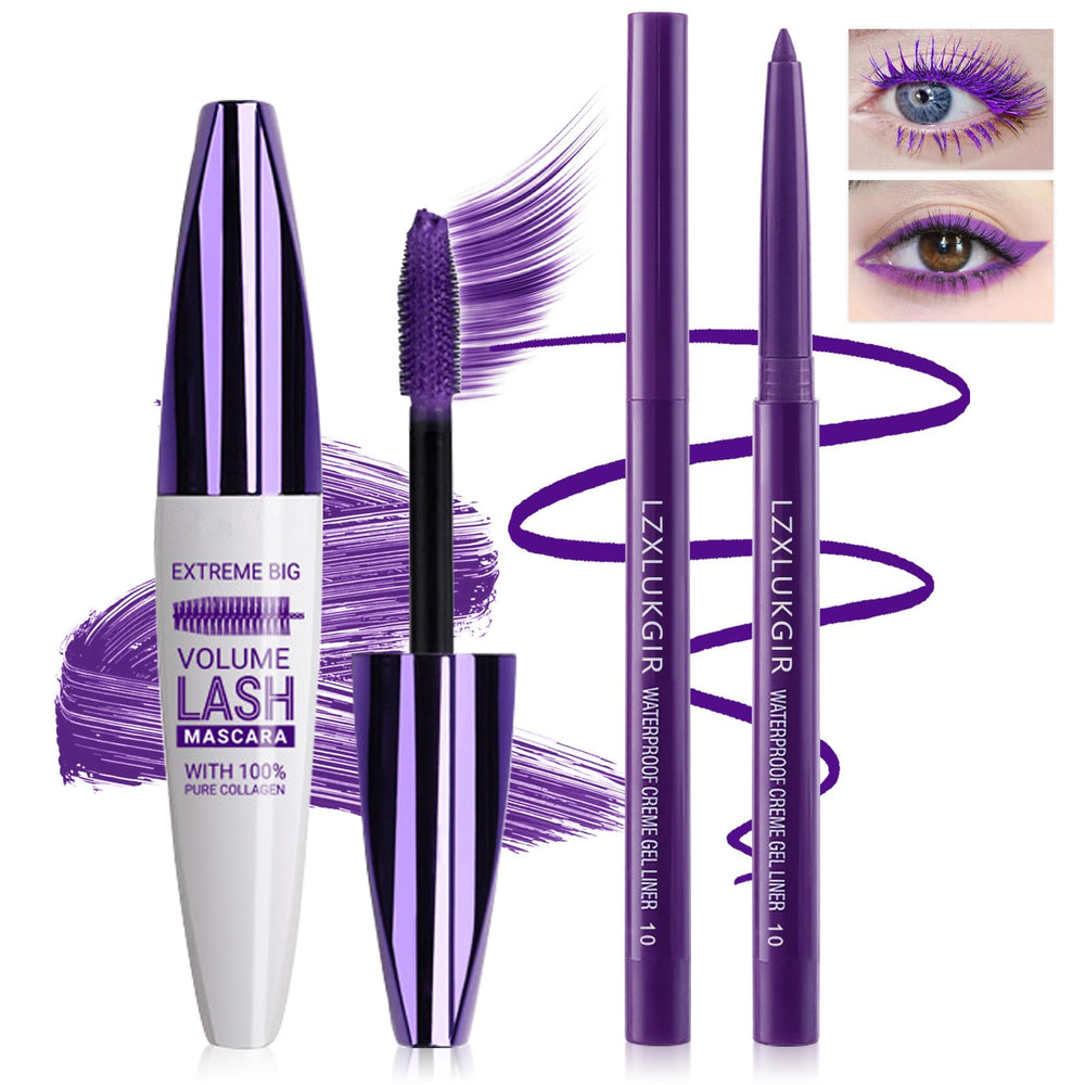 LZXLUKGIR ensemble mascara et crayon-yeux violet, volume et courbe expressifs pour les yeux.