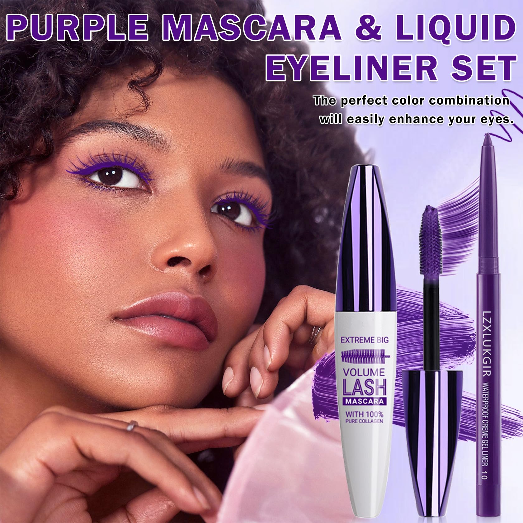 LZXLUKGIR ensemble mascara et crayon-yeux violet, look coordonné pour soirée.