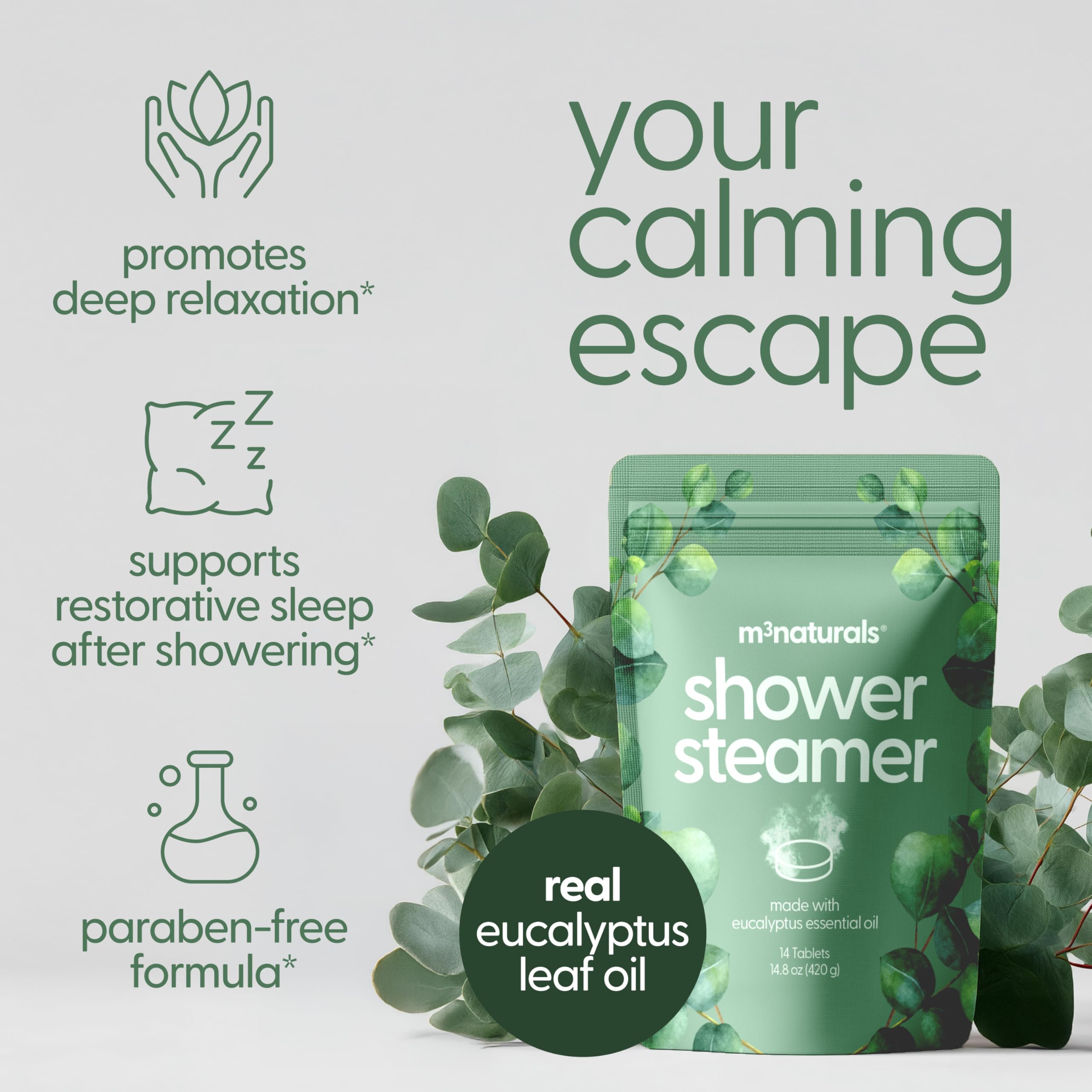 M3 Naturals Bombe Douche Eucalyptus – Senteur douce et décongestionnement possible des sinus.