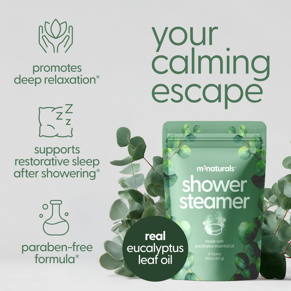 M3 Naturals Bombe Douche Eucalyptus – Senteur douce et décongestionnement possible des sinus.