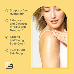 Exfoliant pour corps M3 Naturals, riche en collagène et huiles coco et jojoba, peau nourrie.