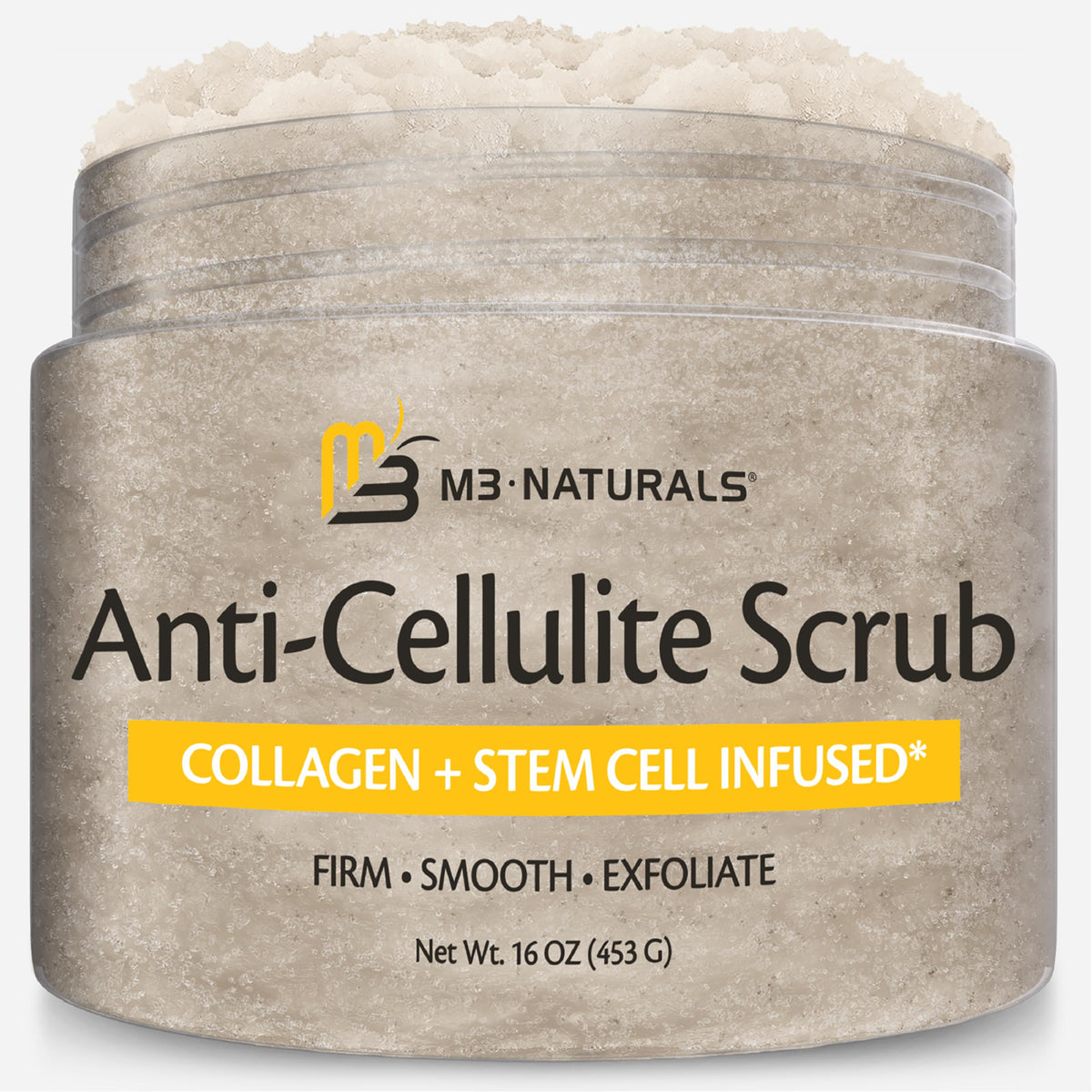 Gommage anti-cellulite M3 Naturals pour le corps, exfolie et laisse la peau plus lisse.