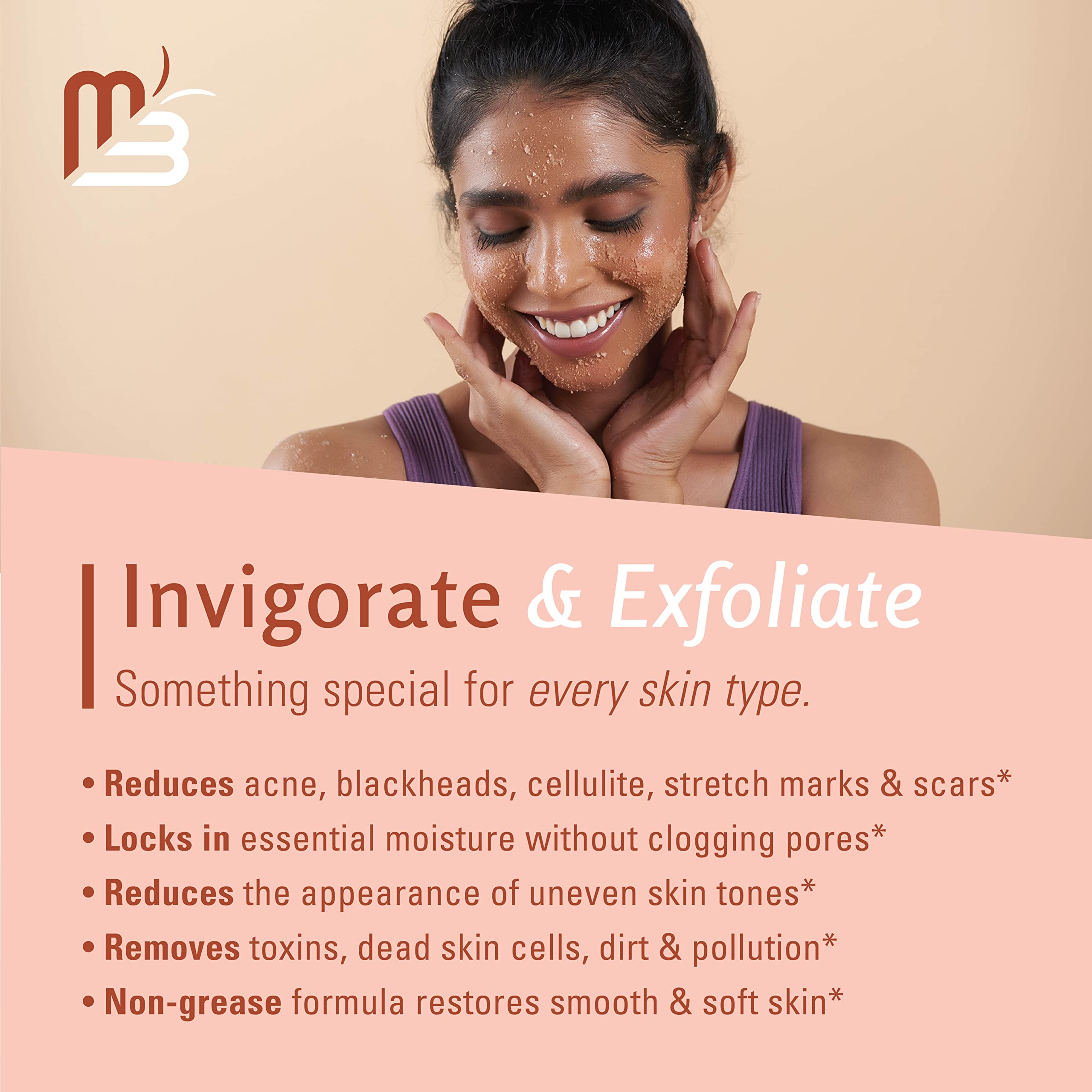 Huile lychee et sel Himalaya M3 Naturals soutenant l'hydratation après exfoliation.