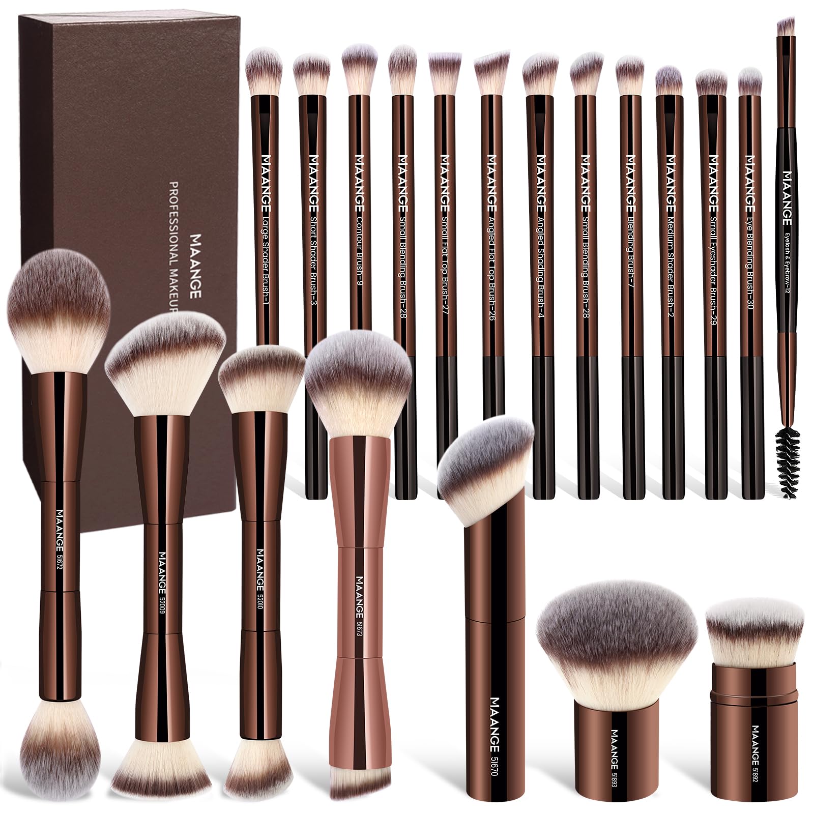 Ensemble MAANGE de 20 pinceaux maquillage dans boîte cadeau, prêt pour un usage professionnel.